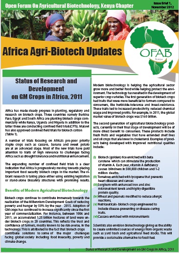 Status of Research and Development on GM Crops in Africa 2011