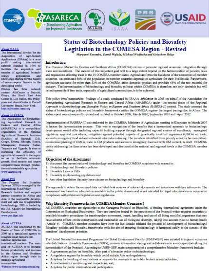 Status of Biotechnology Policies and Biosafety Legislation in the COMESA Region